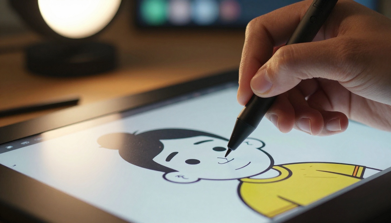 Artist's hand using a stylus on a professional tablet showing cartoon artwork on screen