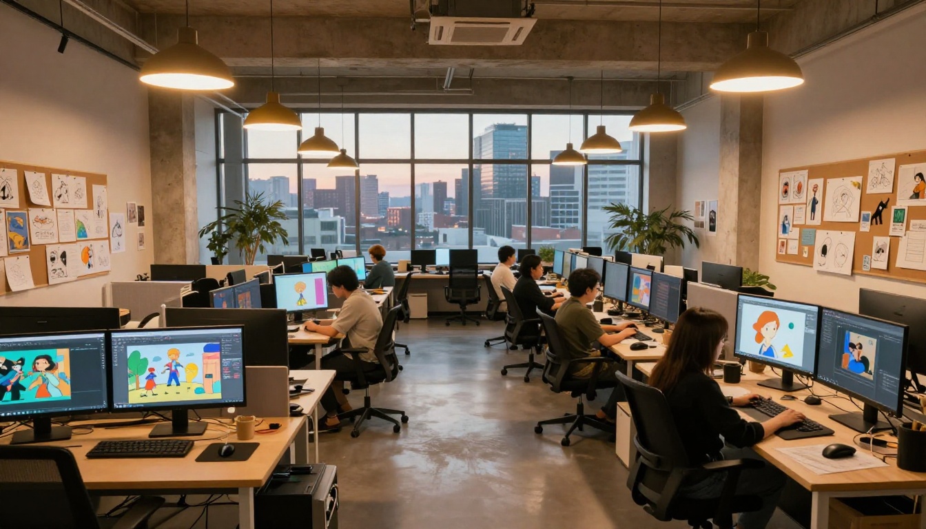 Wide-angle view of a modern animation studio with multiple workstations showing colorful artwork