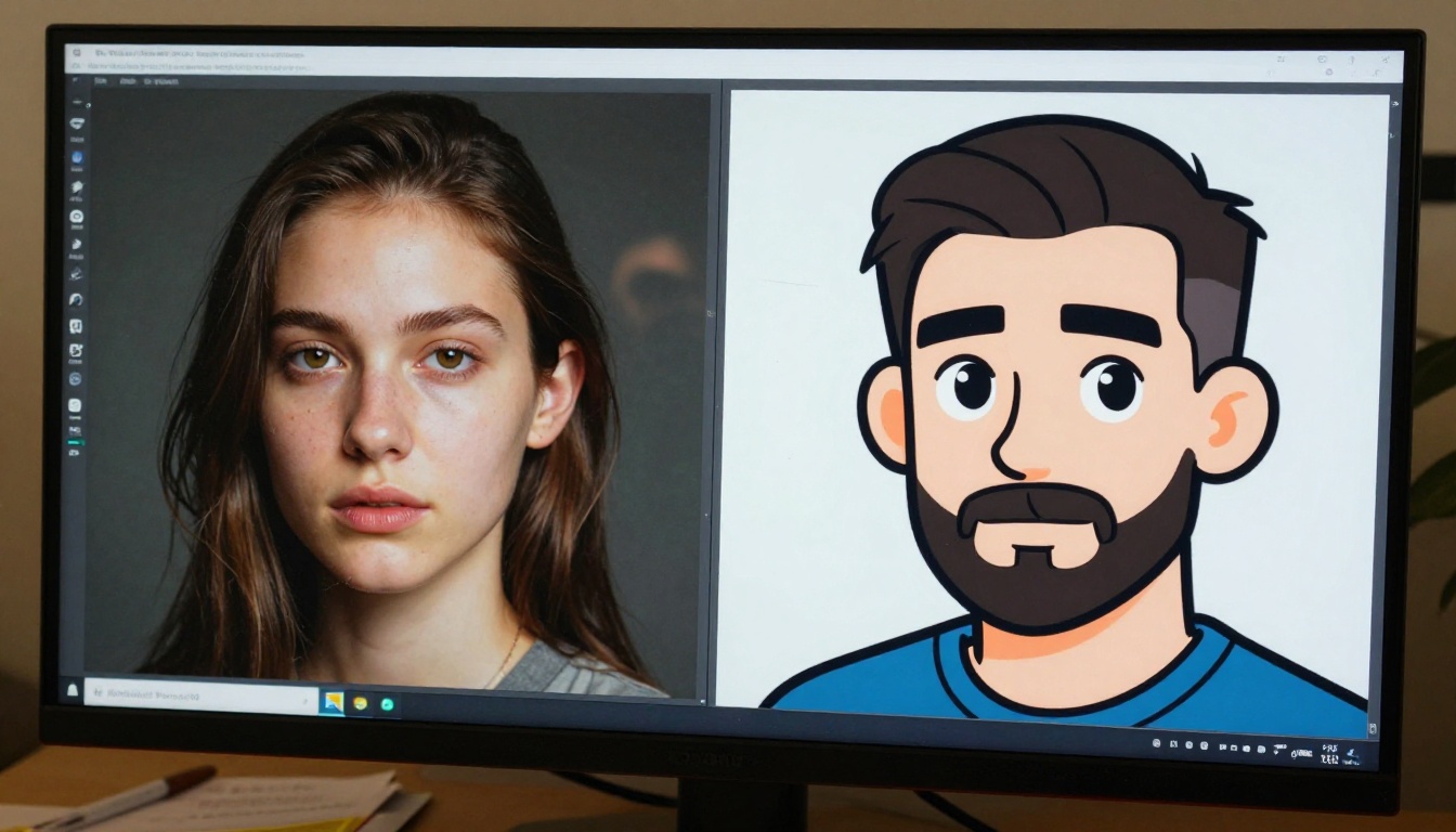 Monitor showing side-by-side comparison of photorealistic and cell-shaded portrait