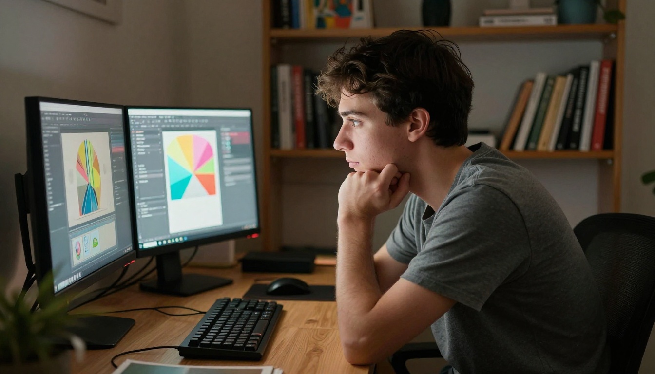 Artist focused at dual-monitor workstation studying colorful artwork on screen