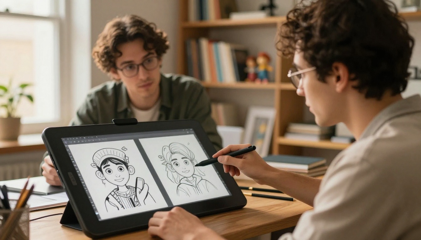 Two digital artists collaborating at a large professional tablet screen showing stylized artwork