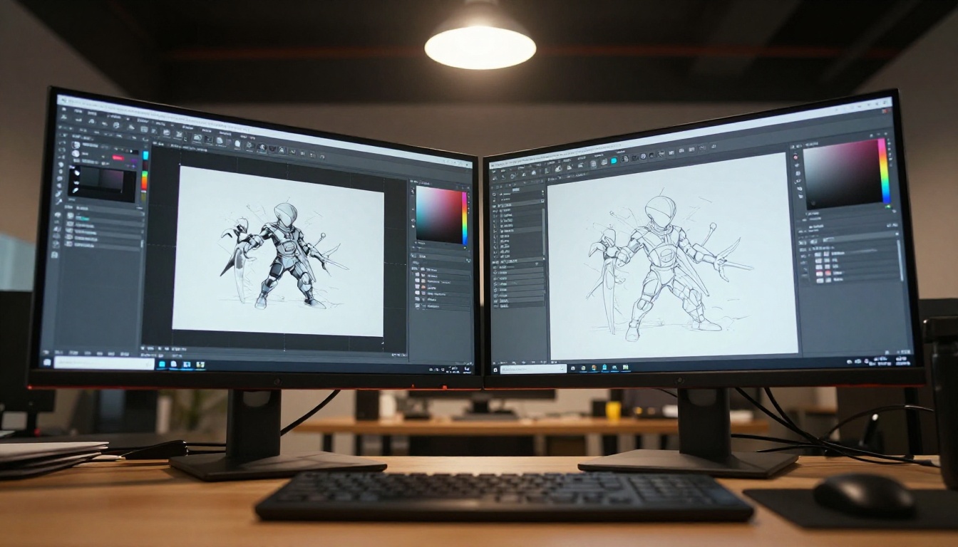 Low-angle view of dual monitor setup showing digital art application from desk level