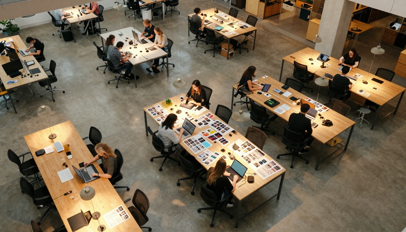 Aerial view of creative agency workspace with scattered laptops, tablets, and team members