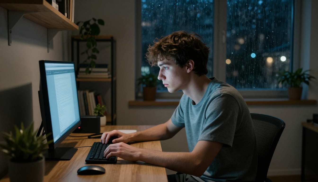 Man alone at desk at night