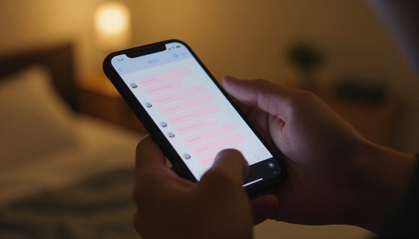 Man's hands holding smartphone with chat interface