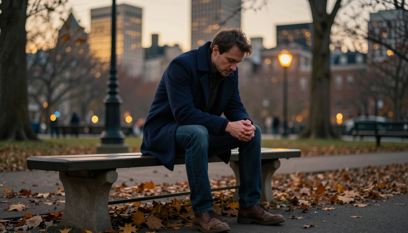 Man sitting alone on park bench at dusk
