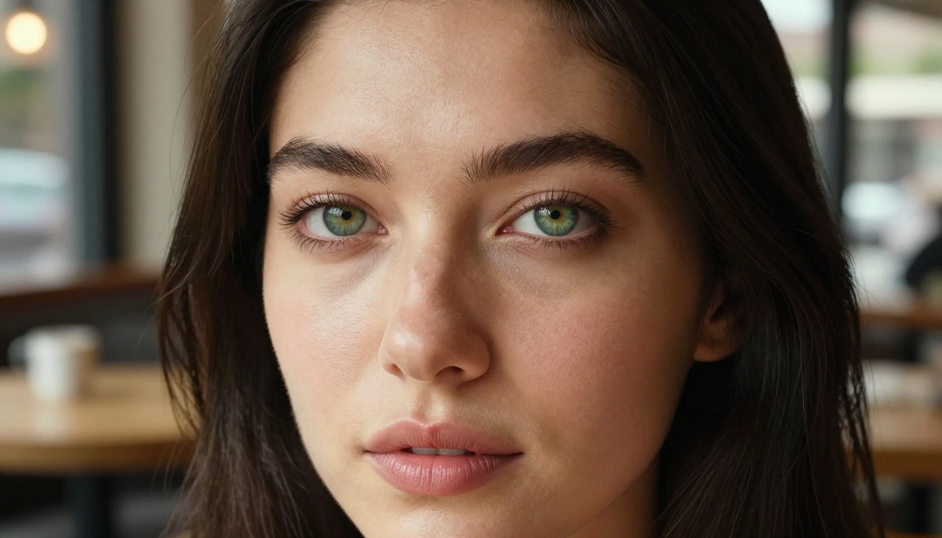 Close-up portrait with striking green eyes and defined features