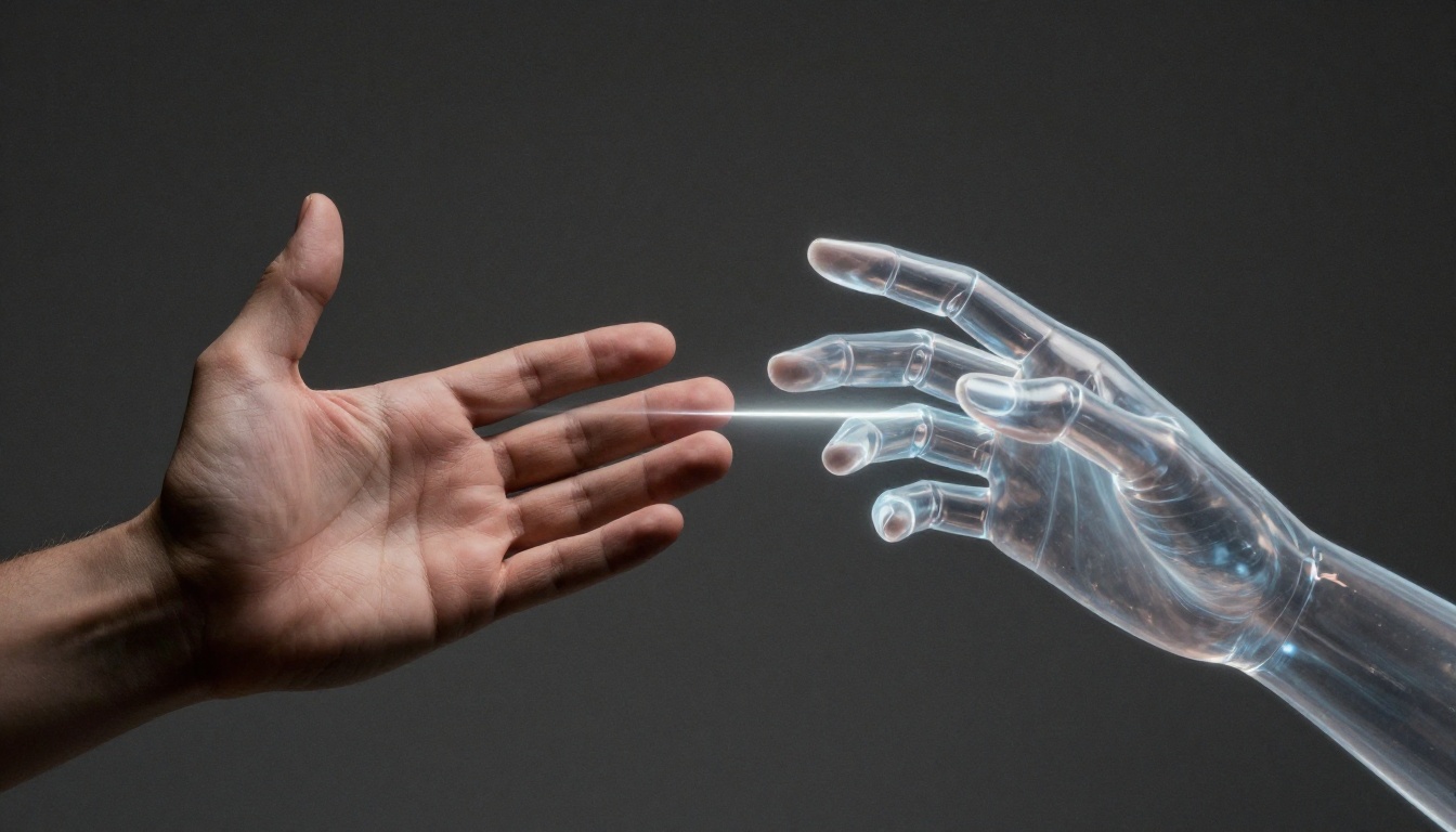 Split composition: human and digital hands reaching toward each other