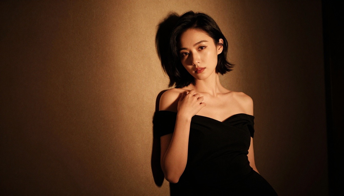 Glamour portrait of woman in black dress at dimly lit lounge