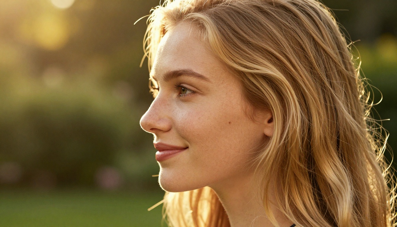 Side profile of blonde woman, volumetric backlight and hair detail