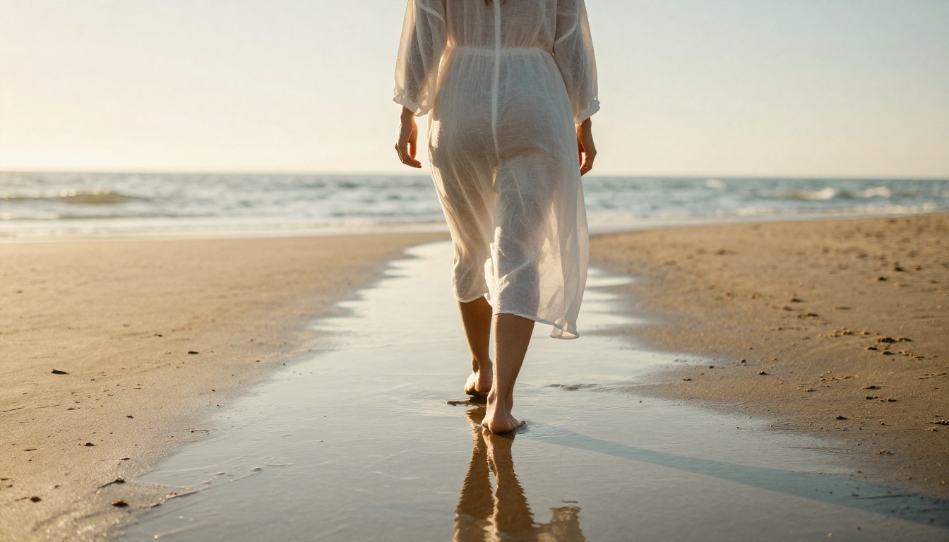 Woman in beach coverup walking along sunlit shoreline with reflection in wet sand Woman in beach coverup walking along sunlit shoreline with reflection in wet sand
