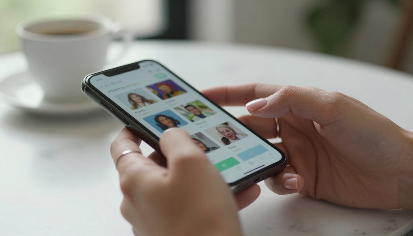Hands holding smartphone with AI image interface on marble desk