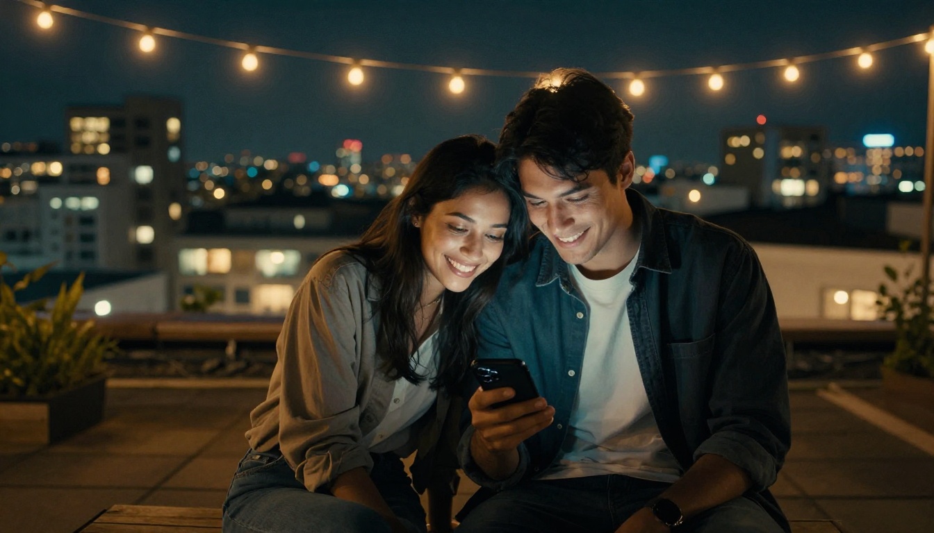 Man and woman together on rooftop at night with city lights