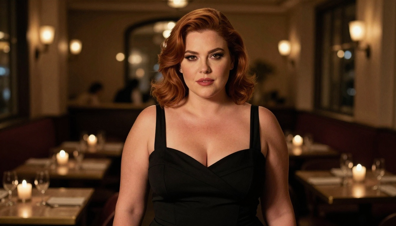 Curvy woman in evening dress, candlelight, confident posture