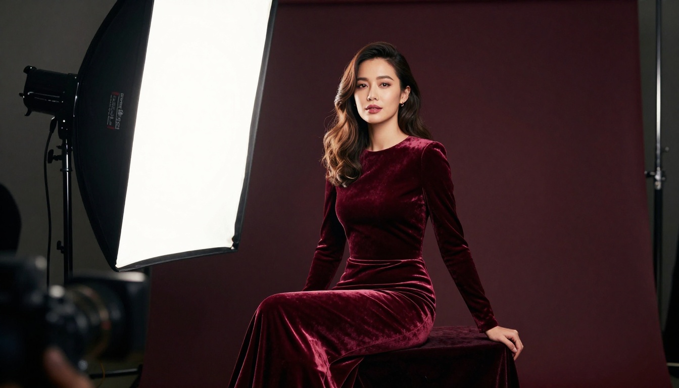 Woman in burgundy velvet dress under professional studio softbox lighting