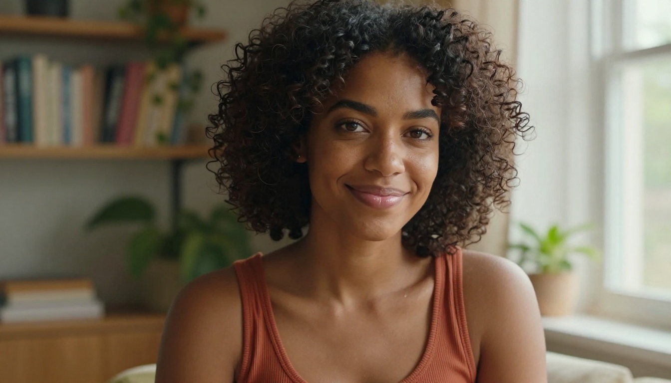 Dark skinned woman with coily hair, warm natural light, genuine expression