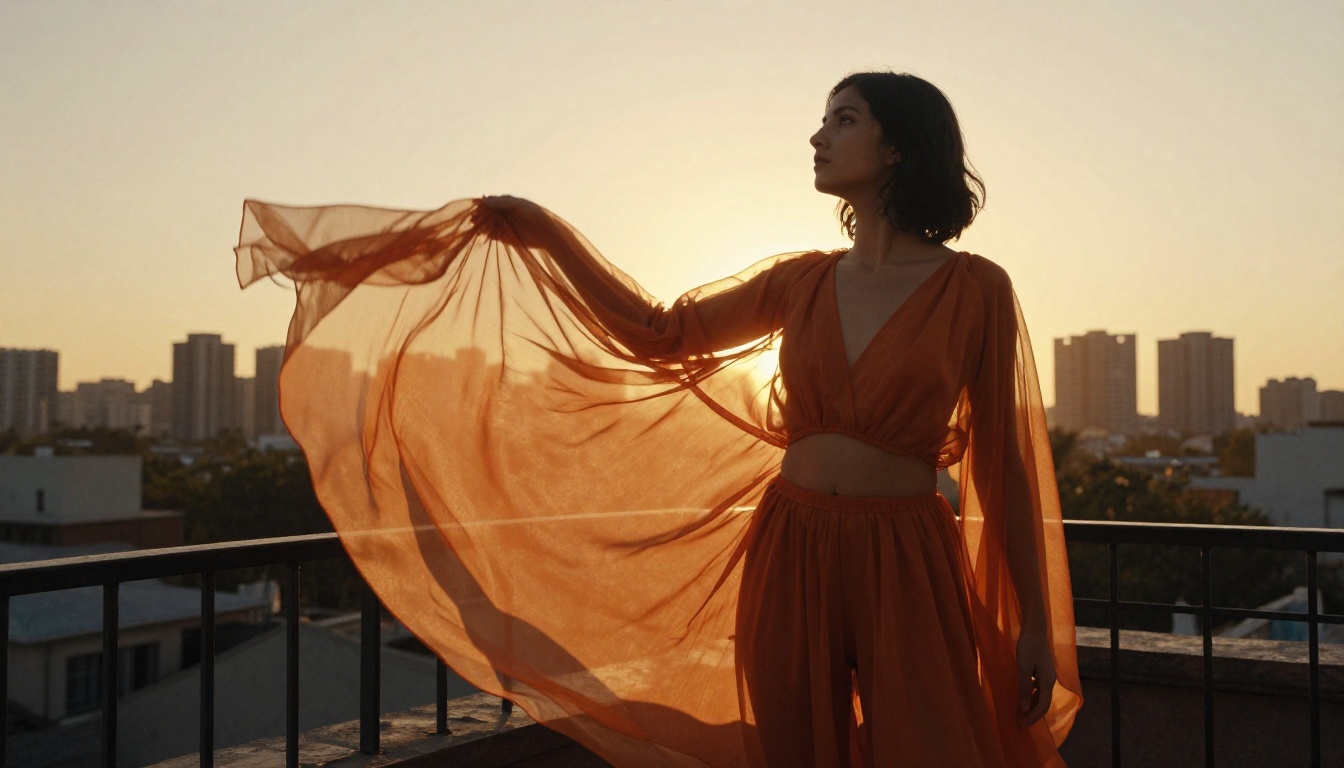Low-angle sunset balcony shot, chiffon fabric in warm backlight, city skyline