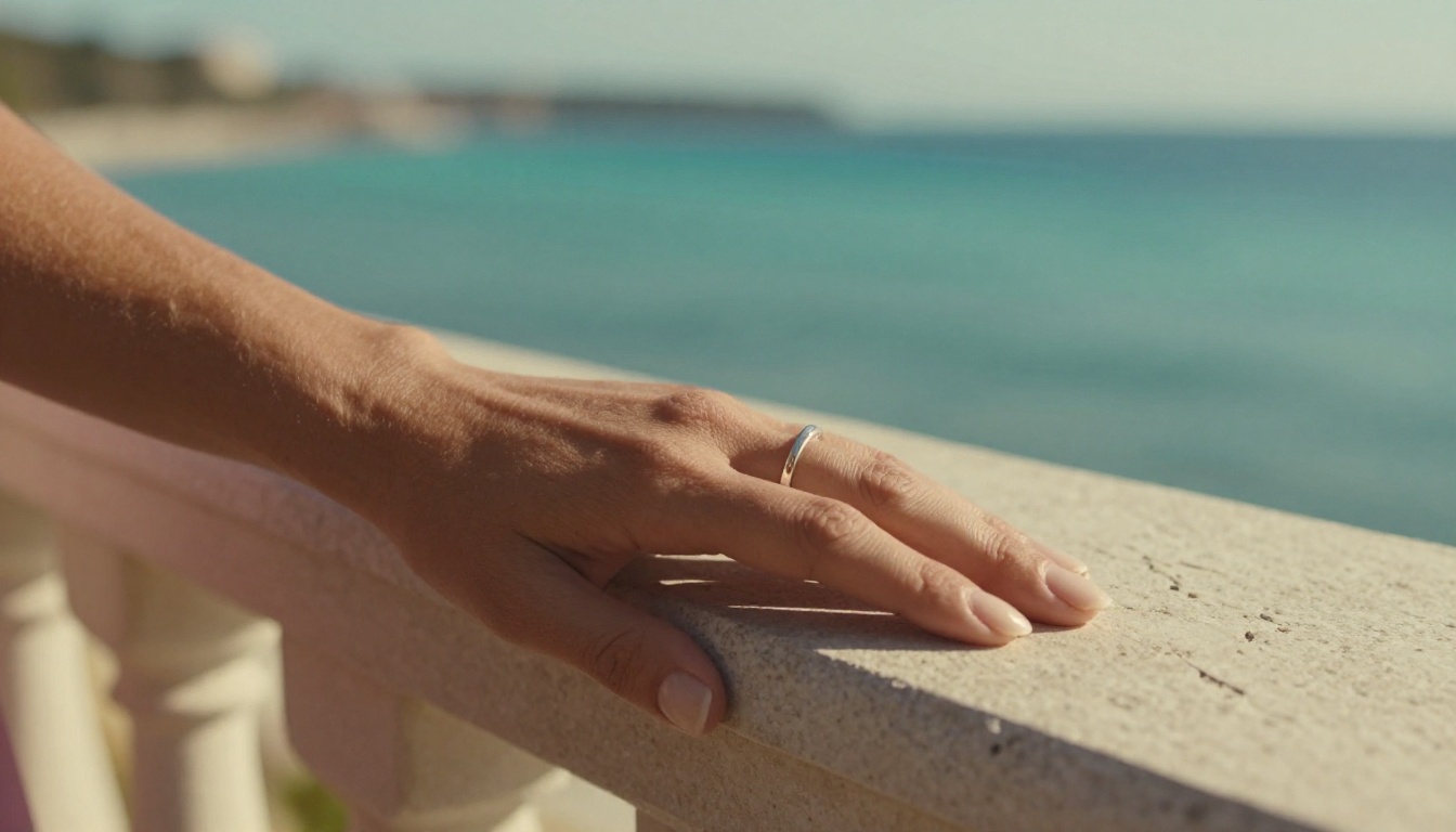 Close-up of hands on sun-warmed stone balcony railing overlooking turquoise bay Close-up of hands on sun-warmed stone balcony railing overlooking turquoise bay