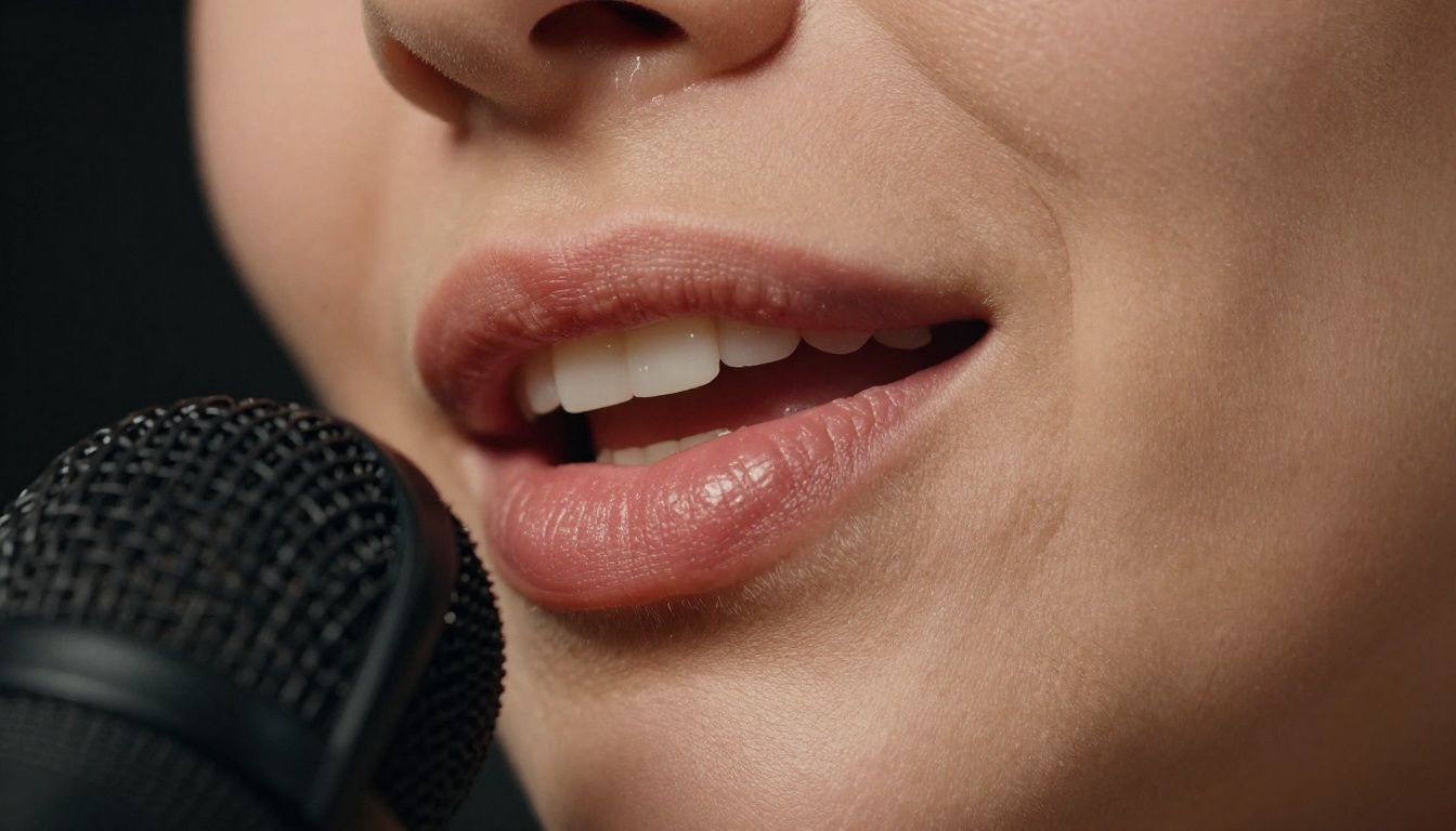 Voice and AI chatbot close-up of lips at microphone