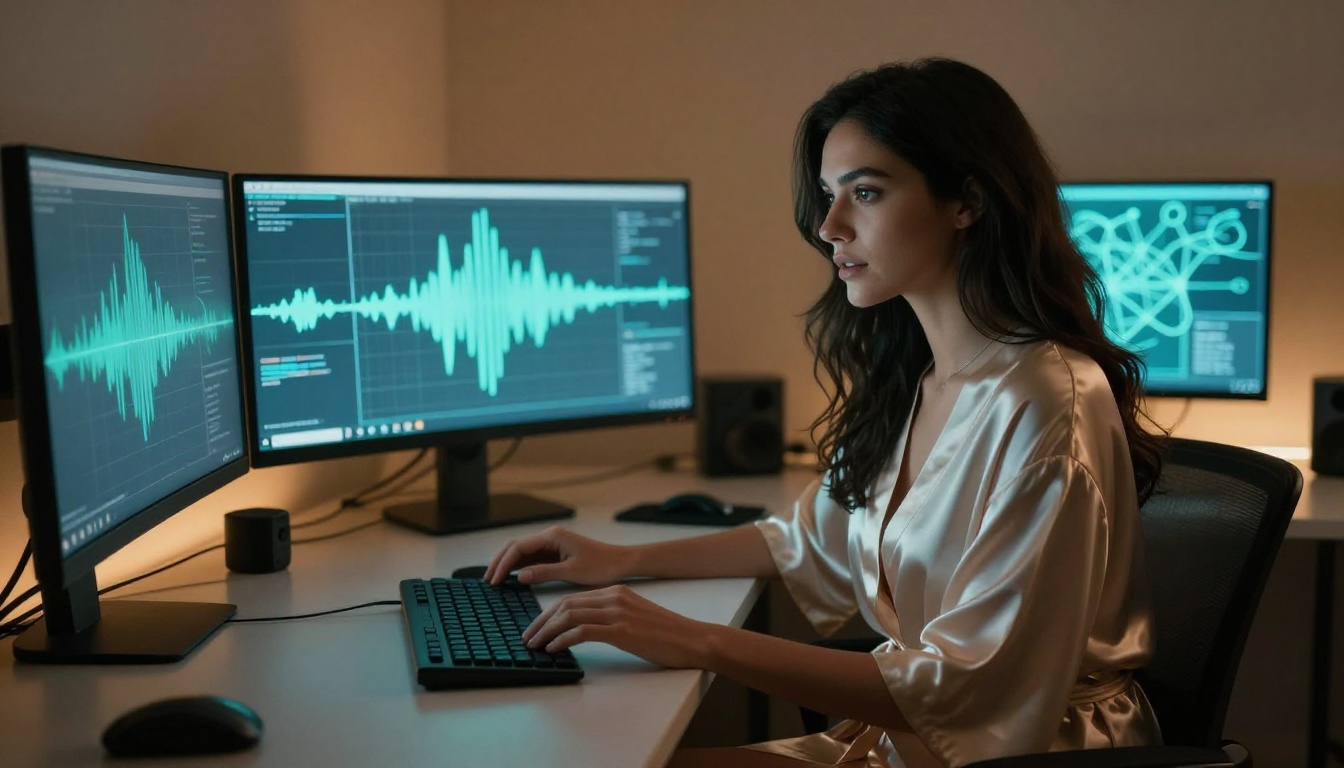 Woman at AI workstation with voice waveform monitors glowing in the dark