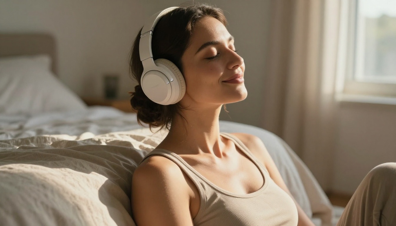 Beautiful woman with headphones listening to AI voice with eyes closed in warm afternoon light