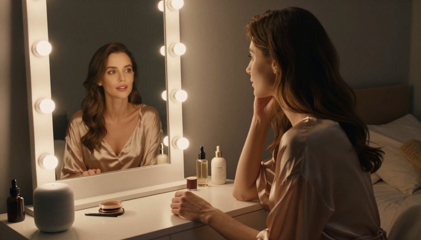 Woman at vanity mirror speaking to an AI smart speaker in warm lamplight