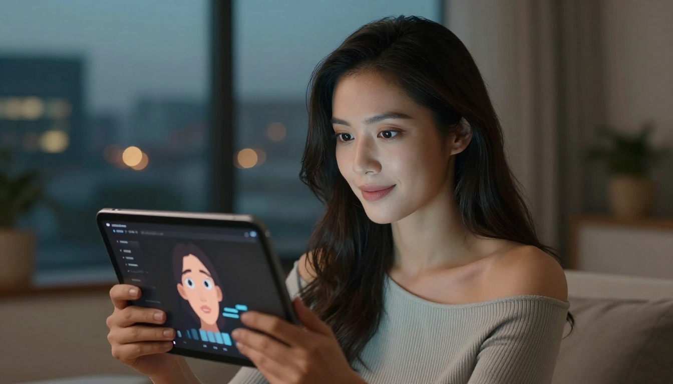 Woman holding tablet showing animated AI avatar lipsync interface at dusk