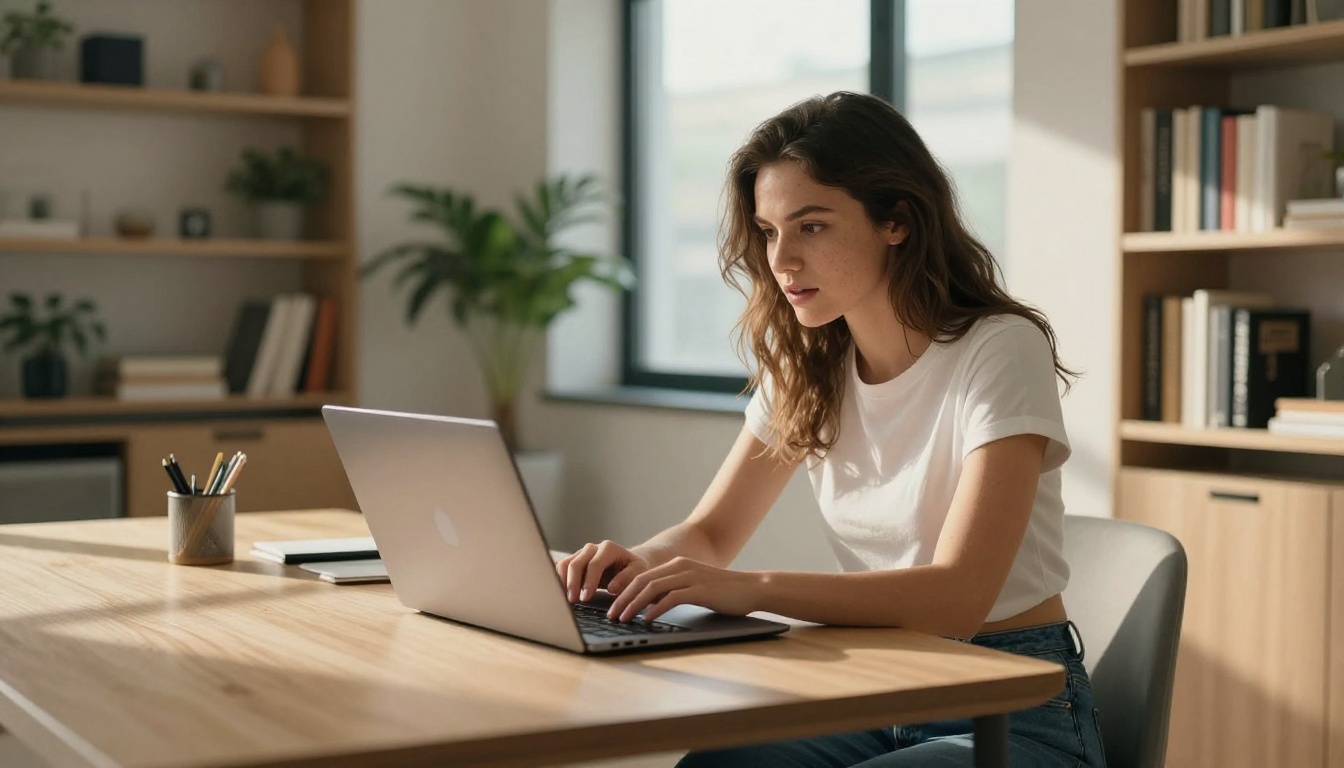 Woman browsing AI news on a laptop in a sunlit home office