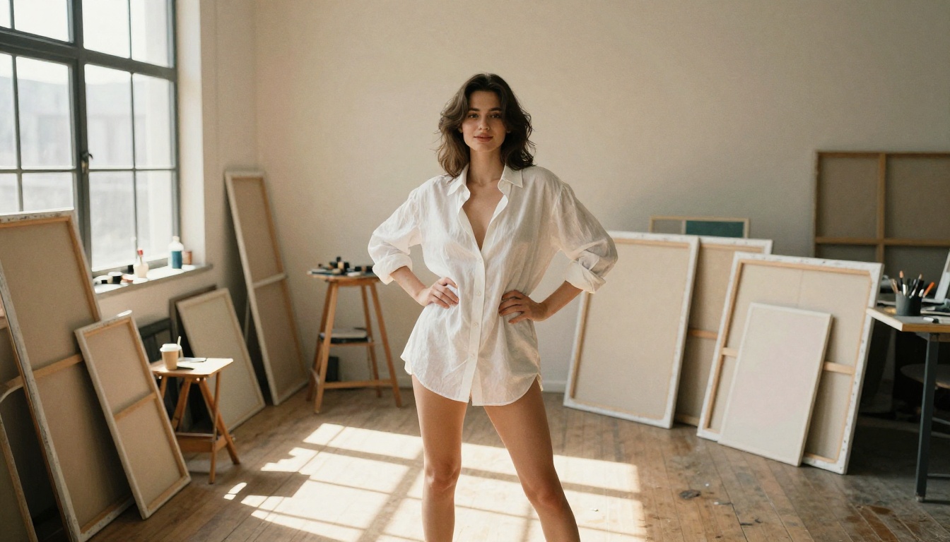 Beautiful woman standing in a bright sunlit art studio with canvases