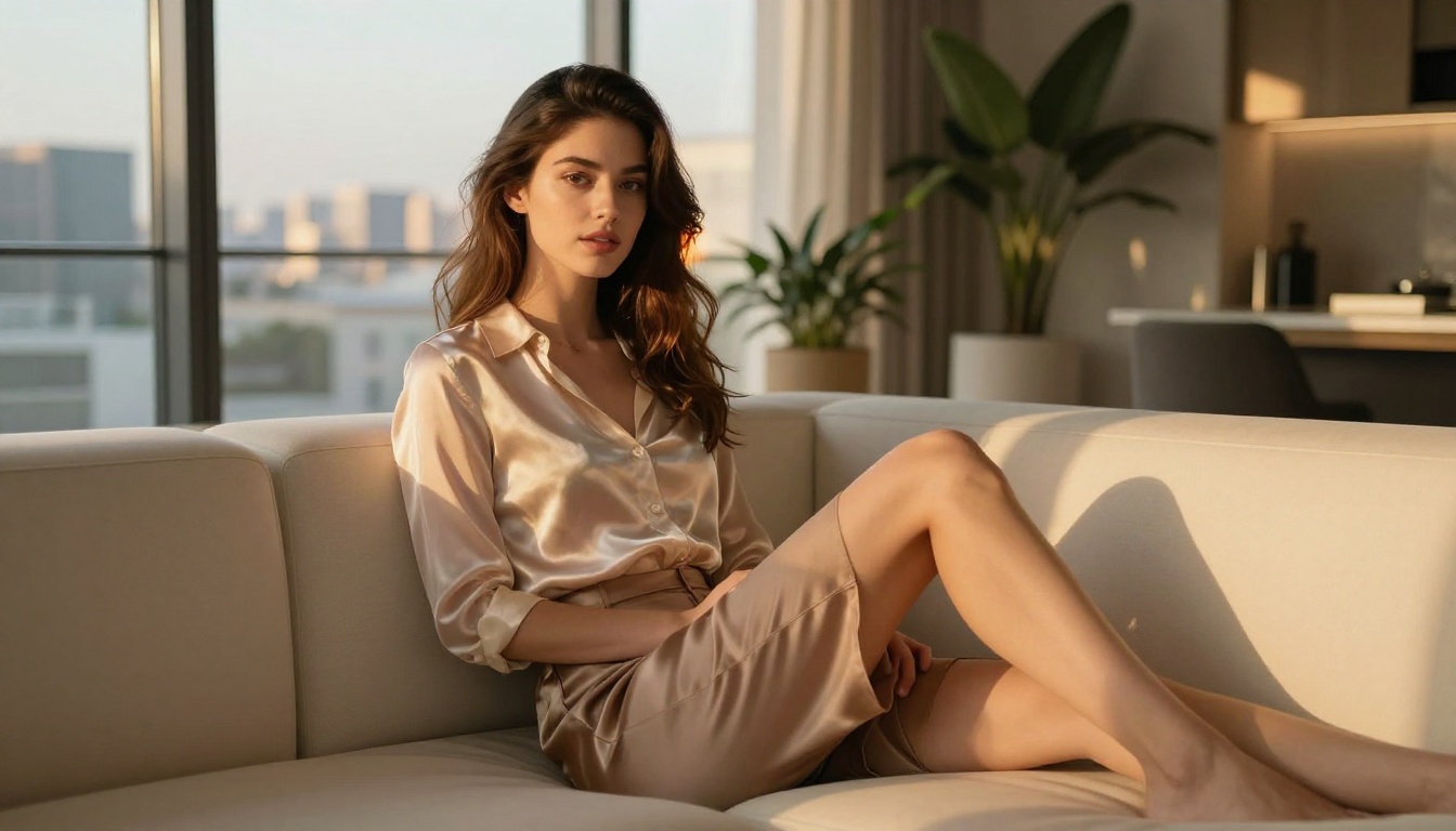 Gorgeous woman in a luxurious modern apartment with golden hour light