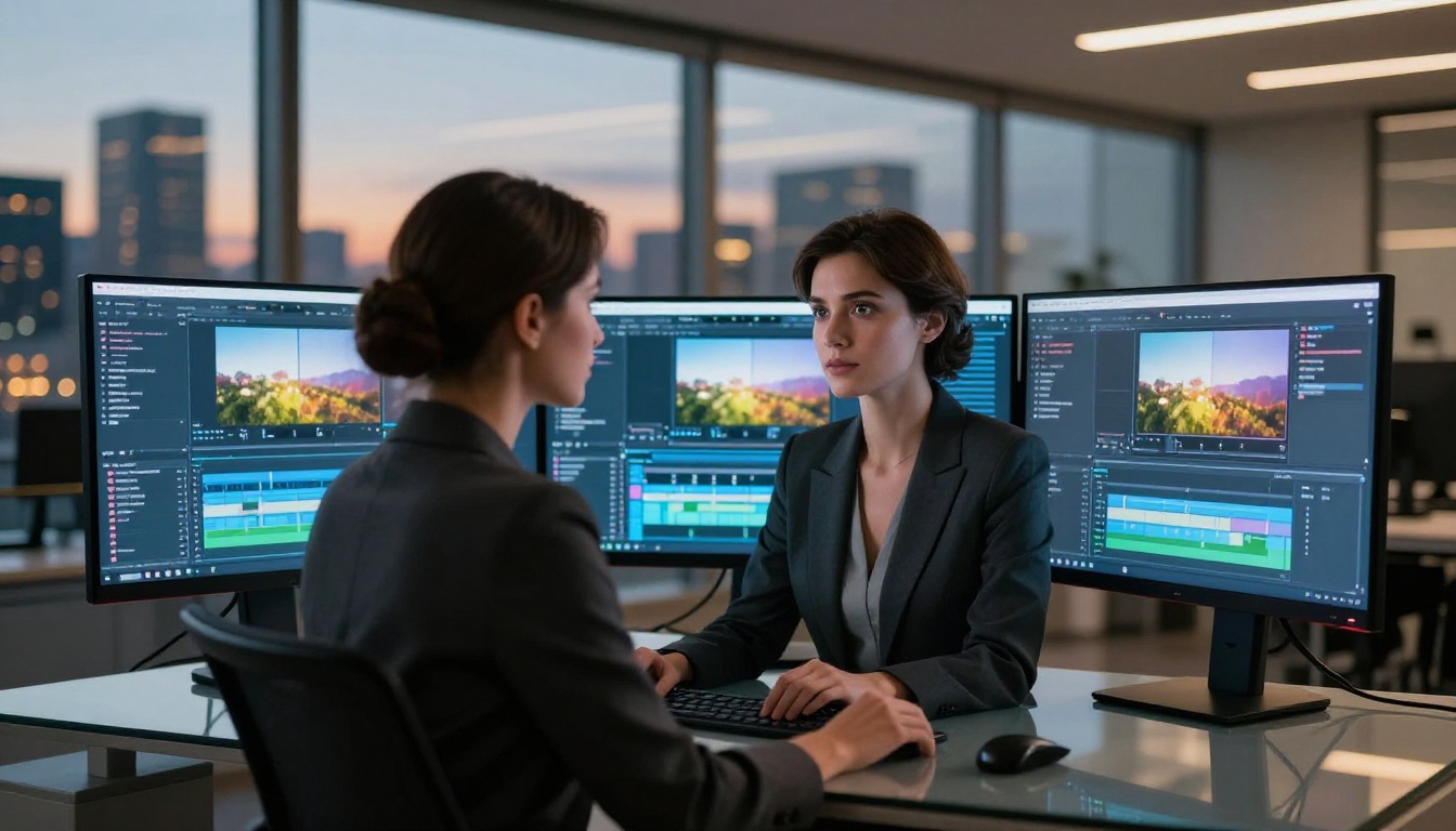 Photorealistic woman in modern office with dual monitors showing AI interfaces Photorealistic woman in modern office with dual monitors showing AI interfaces