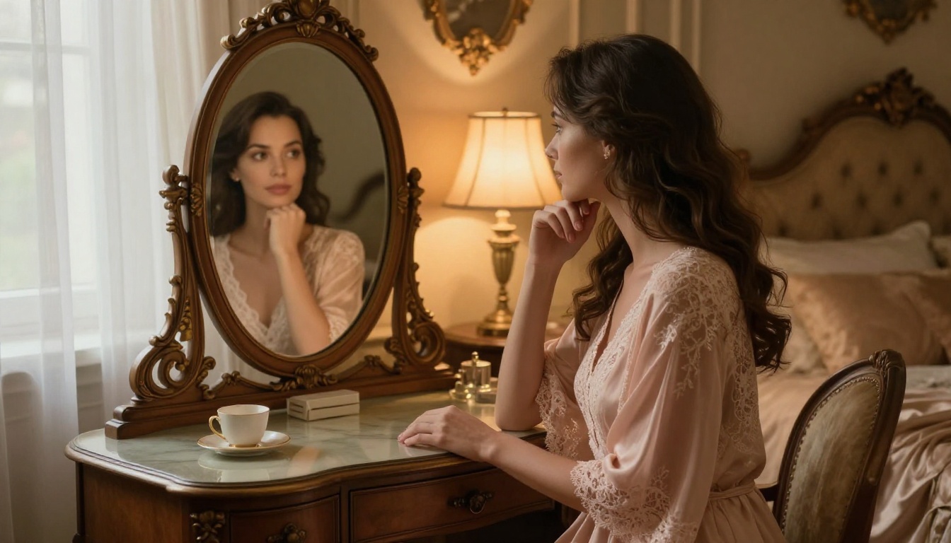 Woman in an elegant boudoir setting at a vintage vanity mirror