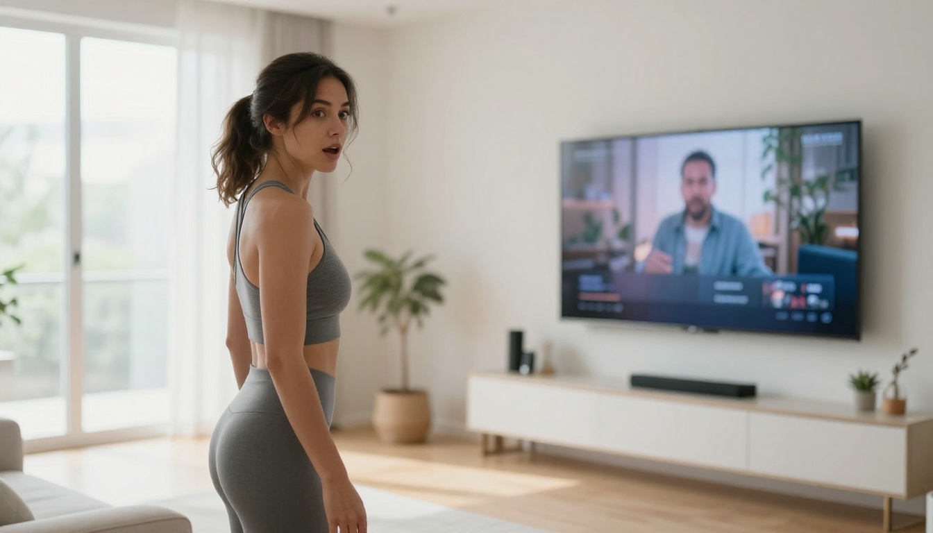 Photorealistic woman in modern smart home living space Photorealistic woman in modern smart home living space