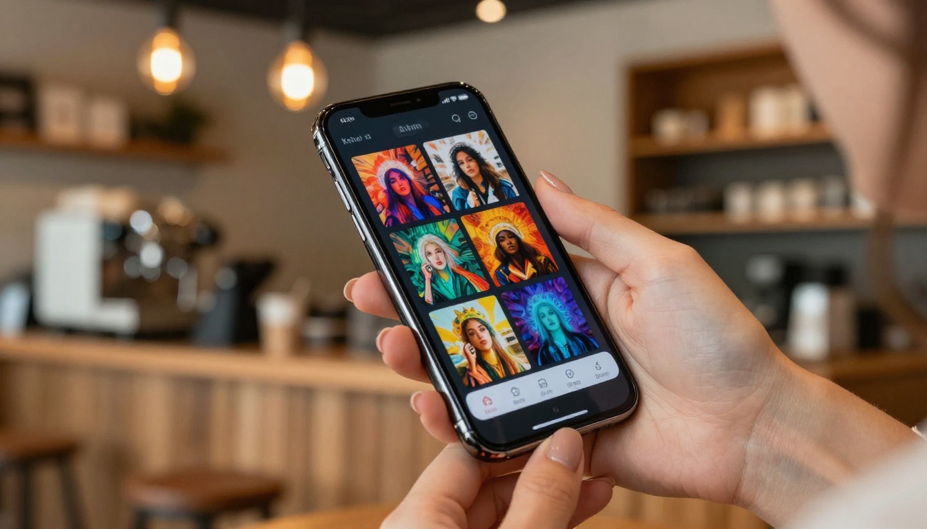 Woman's hands holding a smartphone showing an AI image generation interface