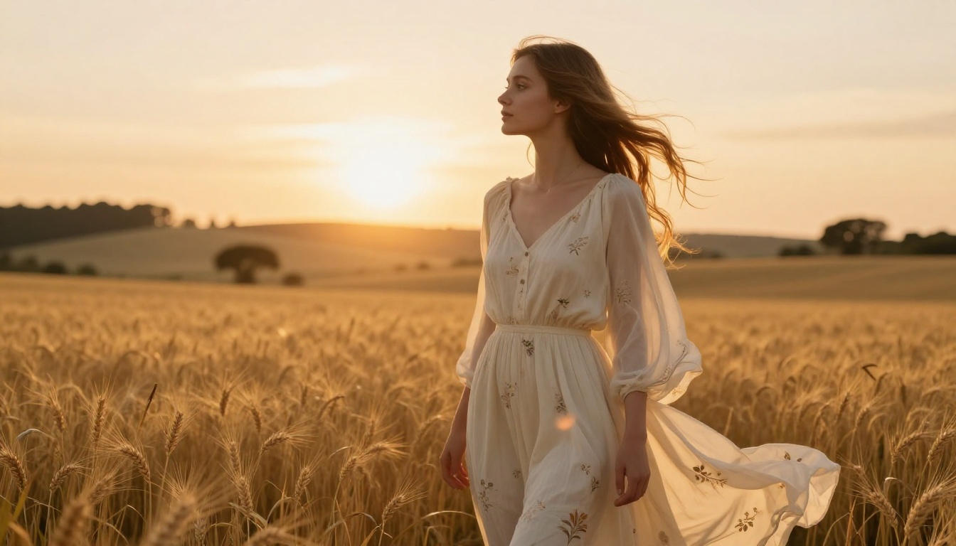 Young woman in a flowing cream dress standing in a golden sunset wheat field
