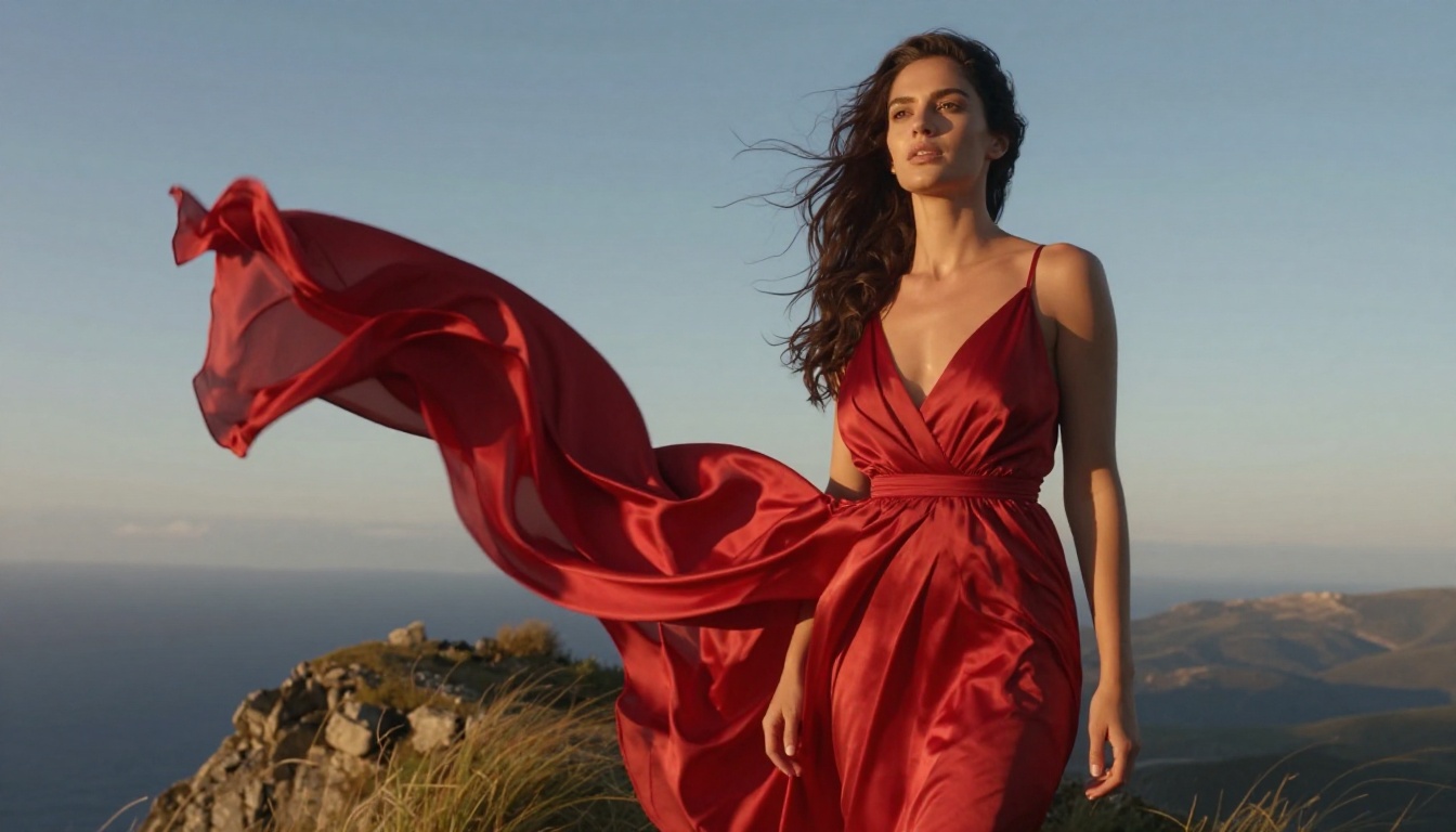 Woman in motion, dramatic natural light, clifftop setting