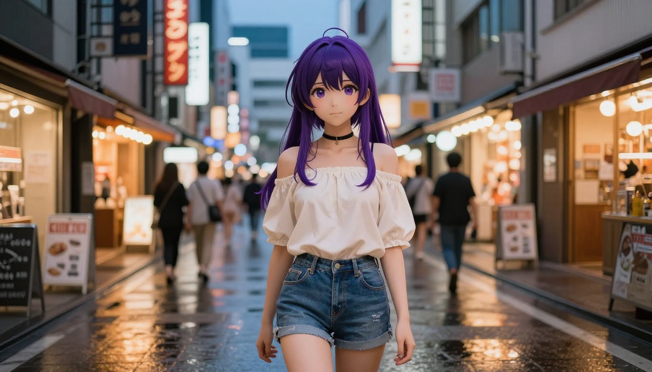 Anime-inspired woman with violet hair in Tokyo street at dusk
