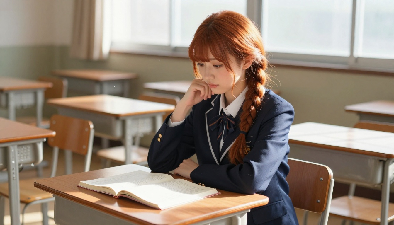 Anime-style student in sunlit Japanese classroom