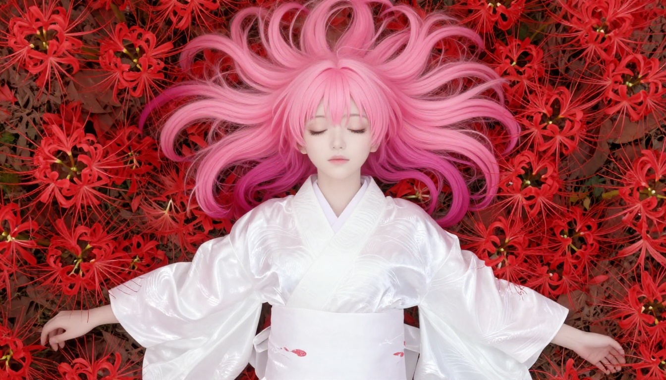 Aerial view of woman in white kimono surrounded by vivid red spider lilies