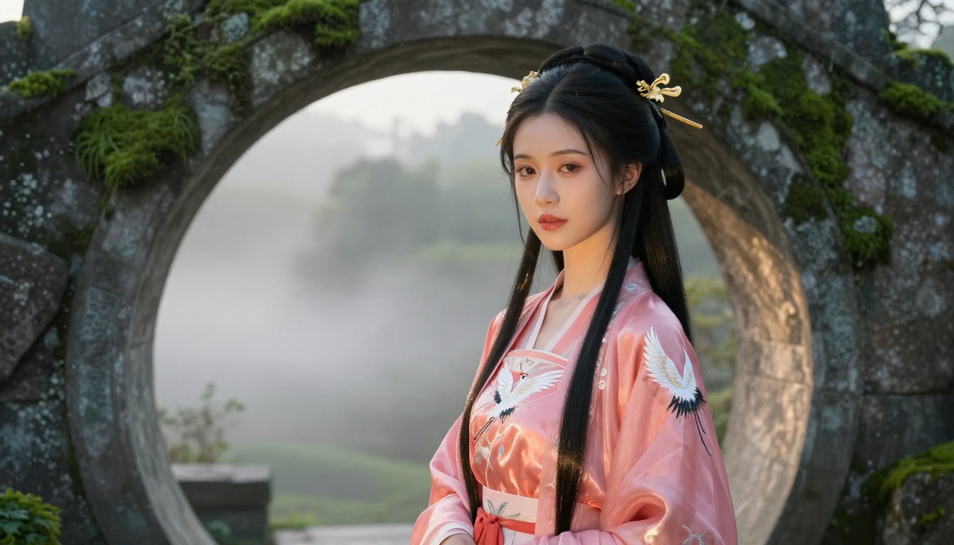 Anime woman in coral-pink hanfu standing before ancient moss-covered stone archway