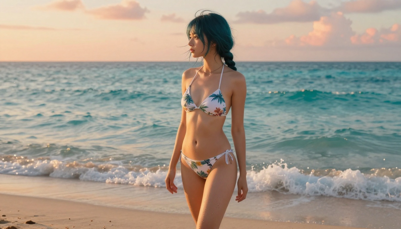 Anime-inspired woman with teal hair standing at beach shoreline at golden hour
