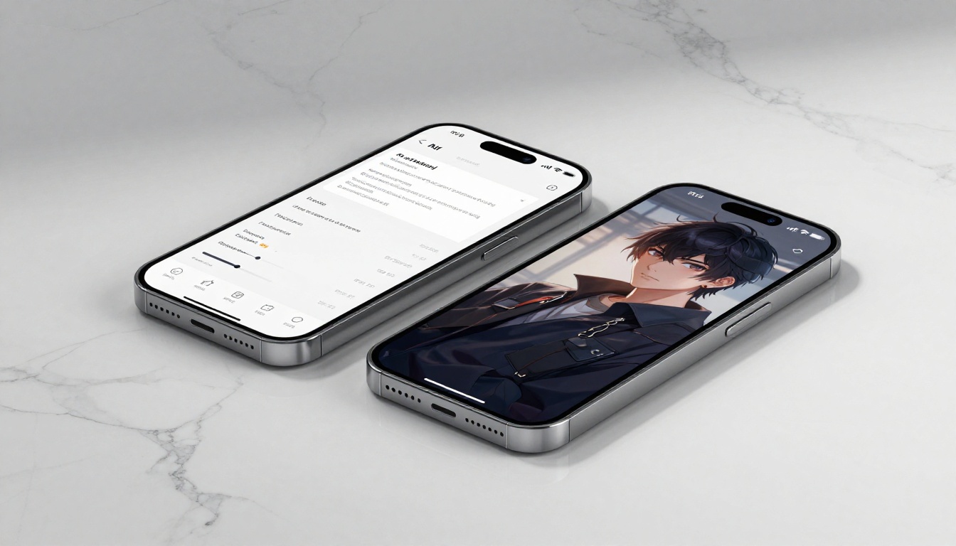 Two smartphones on marble surface showing AI generation interface and anime portrait output