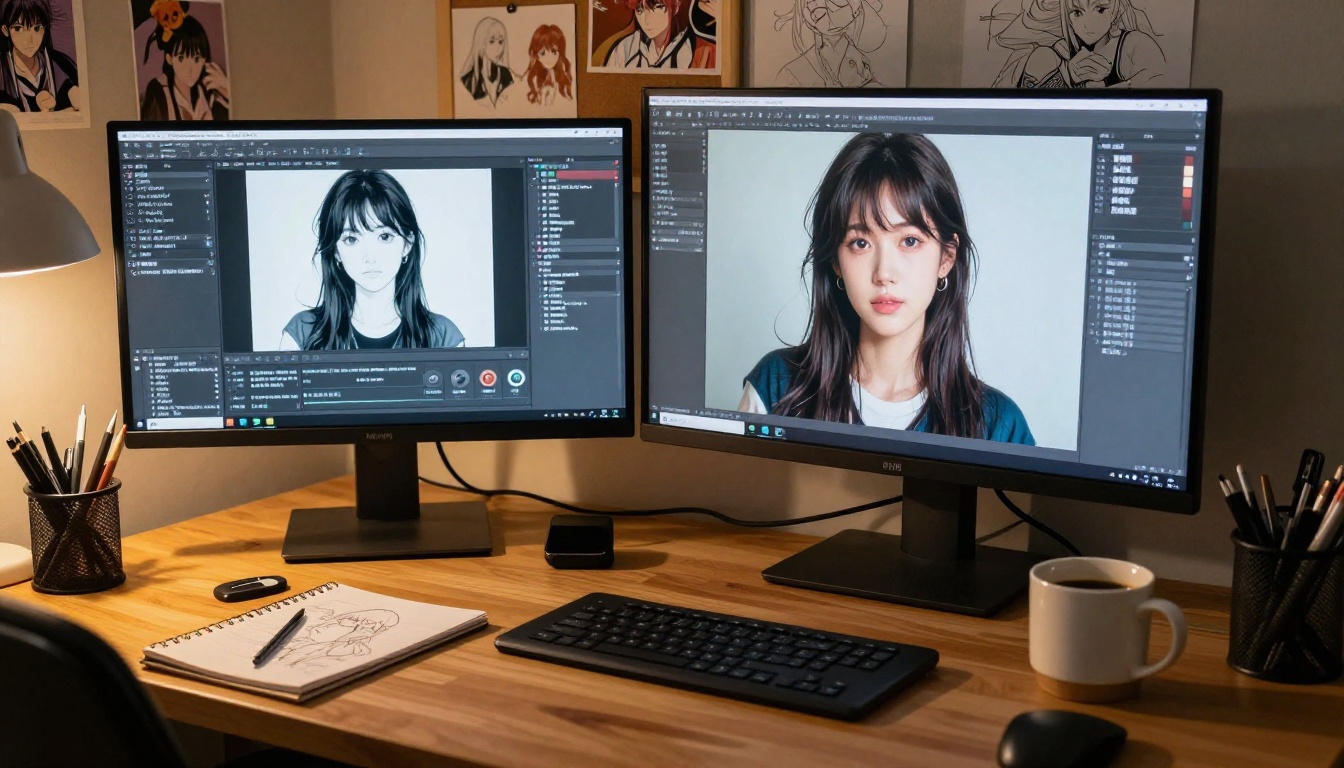 Artist desk with widescreen monitor showing AI generation interface and character sketches