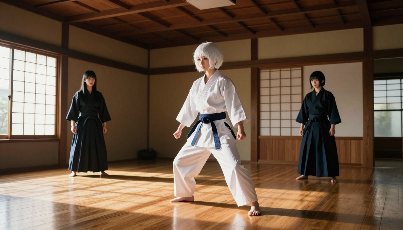 Two women in martial arts uniforms training in a traditional Japanese dojo