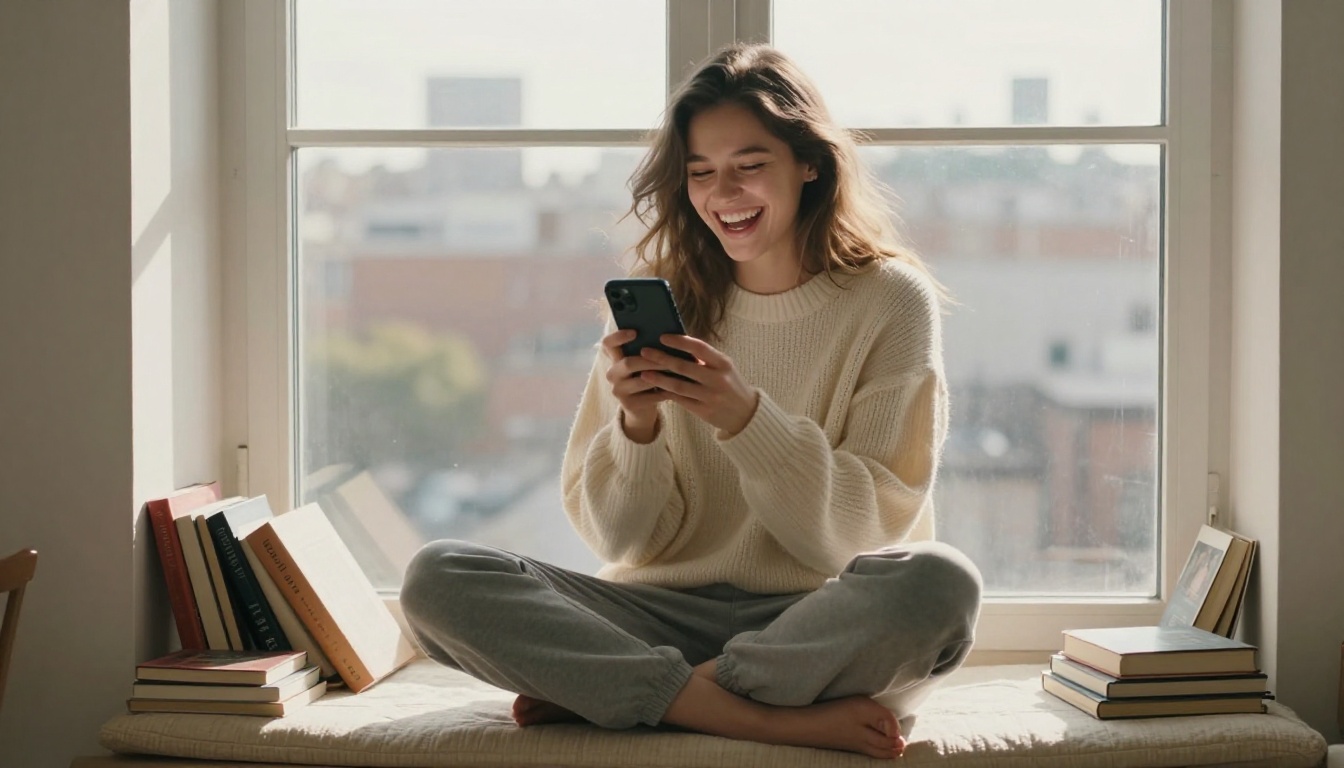 Young woman on a window seat laughing genuinely at her phone, warm natural backlight through the window, cream knit sweater, scattered paperback books Young woman on a window seat laughing genuinely at her phone, warm natural backlight through the window, cream knit sweater, scattered paperback books