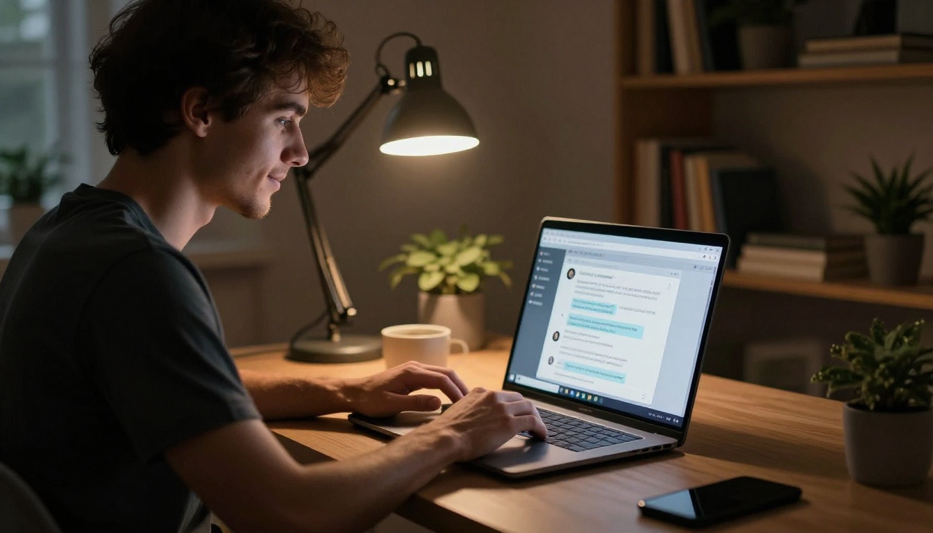 Young man at a home desk late at night, warm amber desk lamp, laptop screen showing a rich AI conversation history Young man at a home desk late at night, warm amber desk lamp, laptop screen showing a rich AI conversation history