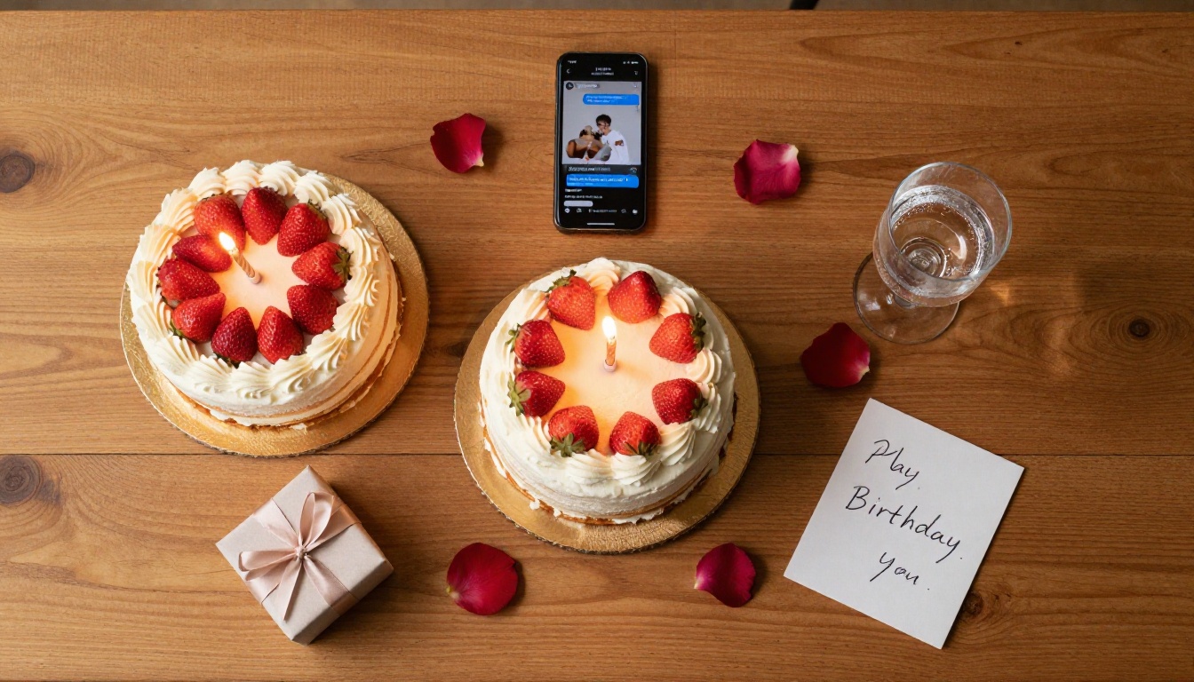 Overhead flat-lay of a birthday scene: white frosted cake with strawberries, lit candles, phone showing an AI birthday message, rose petals and a gift box on an oak table Overhead flat-lay of a birthday scene: white frosted cake with strawberries, lit candles, phone showing an AI birthday message, rose petals and a gift box on an oak table