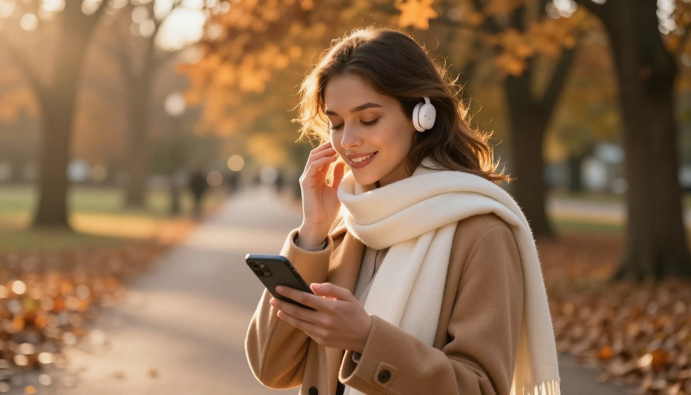 Young woman wearing wireless earbuds, eyes closed, smiling peacefully during a golden-hour park walk, camel coat, autumn bokeh light through the trees Young woman wearing wireless earbuds, eyes closed, smiling peacefully during a golden-hour park walk, camel coat, autumn bokeh light through the trees