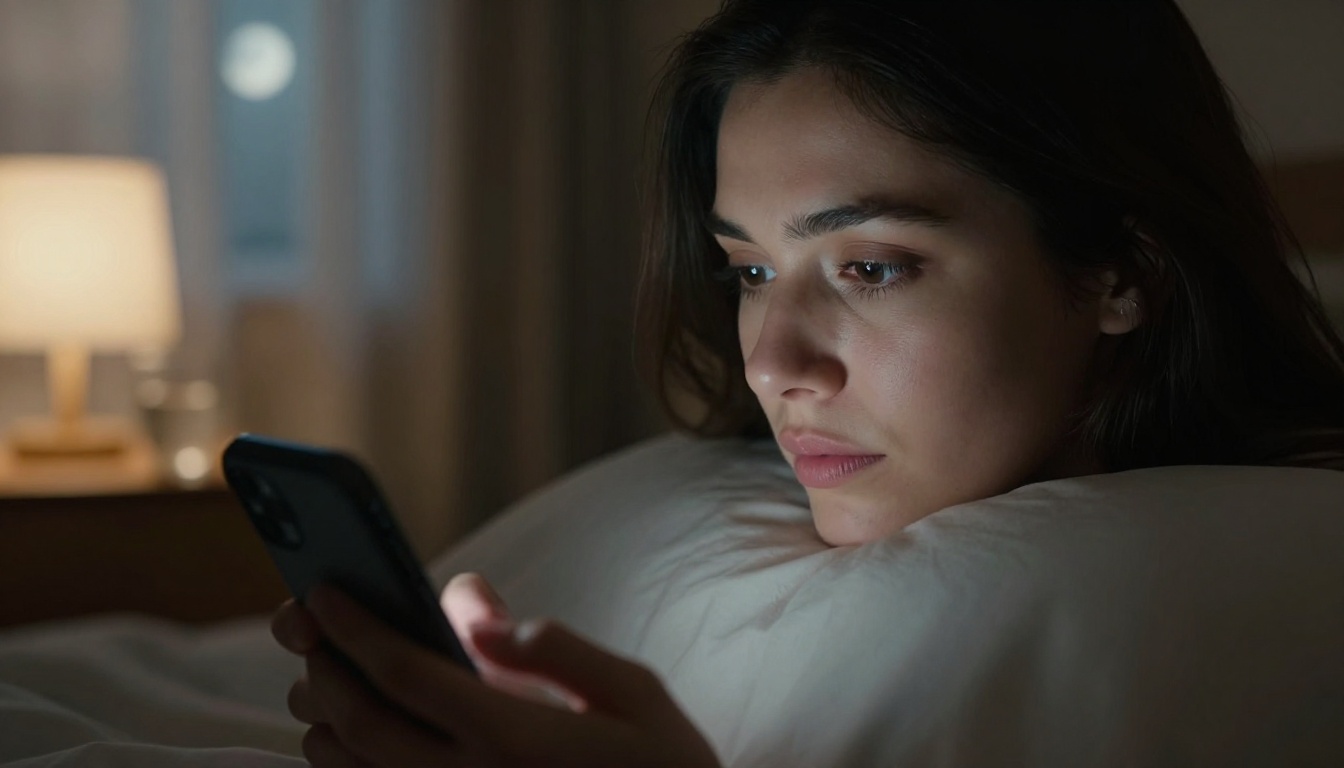 Woman's face softly lit by phone screen glow in a dark bedroom, tender contemplative expression, moonlight faintly through curtains behind her Woman's face softly lit by phone screen glow in a dark bedroom, tender contemplative expression, moonlight faintly through curtains behind her