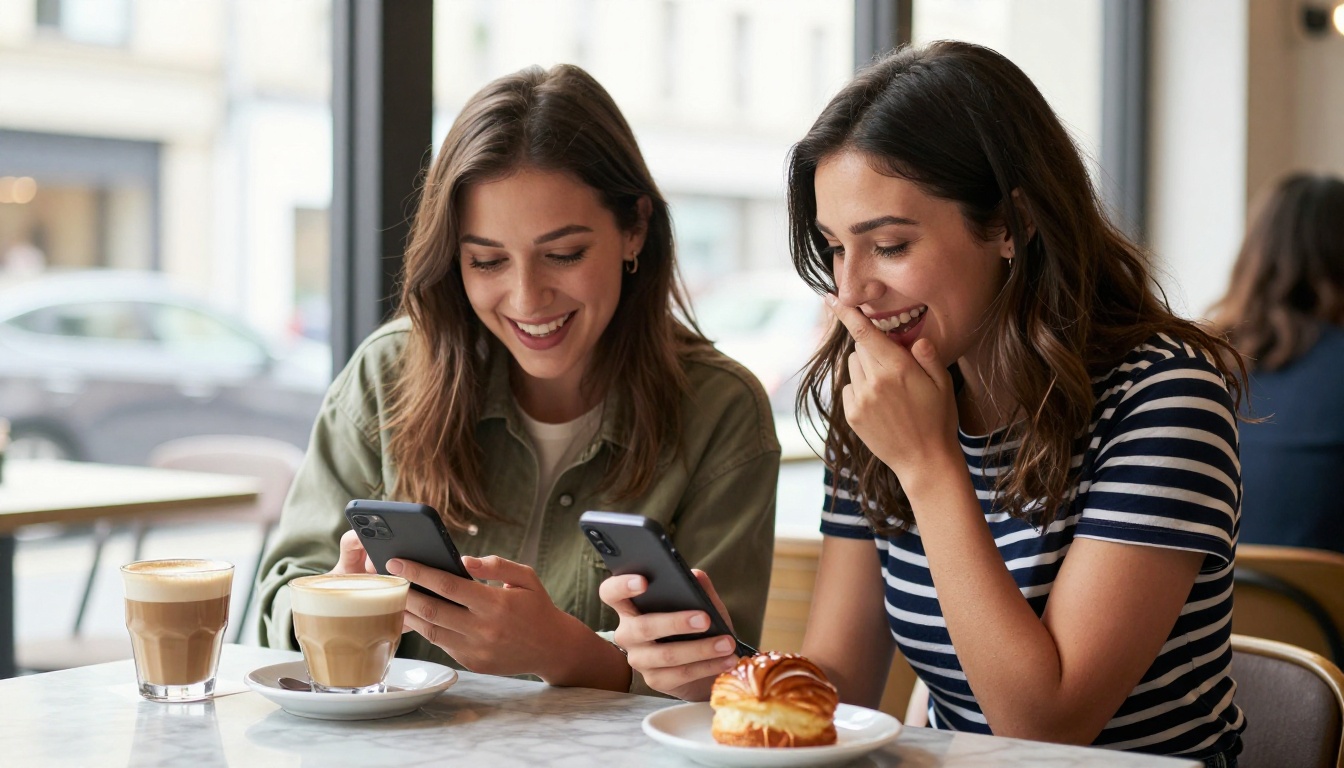 Two women at a modern cafe both laughing at their phones, marble table with lattes and a pastry, bright natural daylight from large windows Two women at a modern cafe both laughing at their phones, marble table with lattes and a pastry, bright natural daylight from large windows